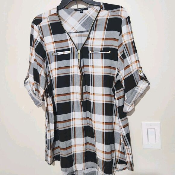 Miss Lili Top Size 1X Plaid Roll Tab Sleeves Zip Front - Picture 1 of 11